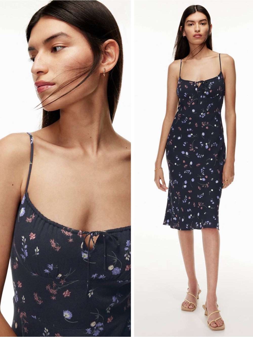 Wilfred Aritzia Woman Black Dainty Floral Ruched Bodice Midi Dress US4 Romantic